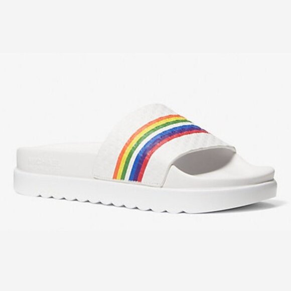 Michael Michael Kors Tyra Rainbow Stripe Embossed Leather Slide Sandal - SZ 7 - Picture 1 of 10